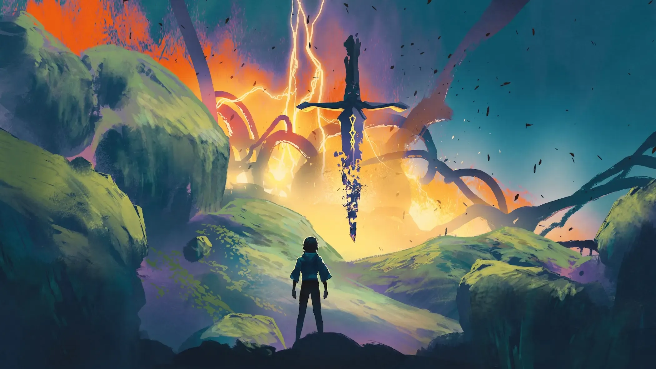 A youthful figure stands in the foreground facing away looking at a floating sword that appears to be disintegrating in the distance. Watercolor features around it depict what look like debris, tentacles, and lightning.