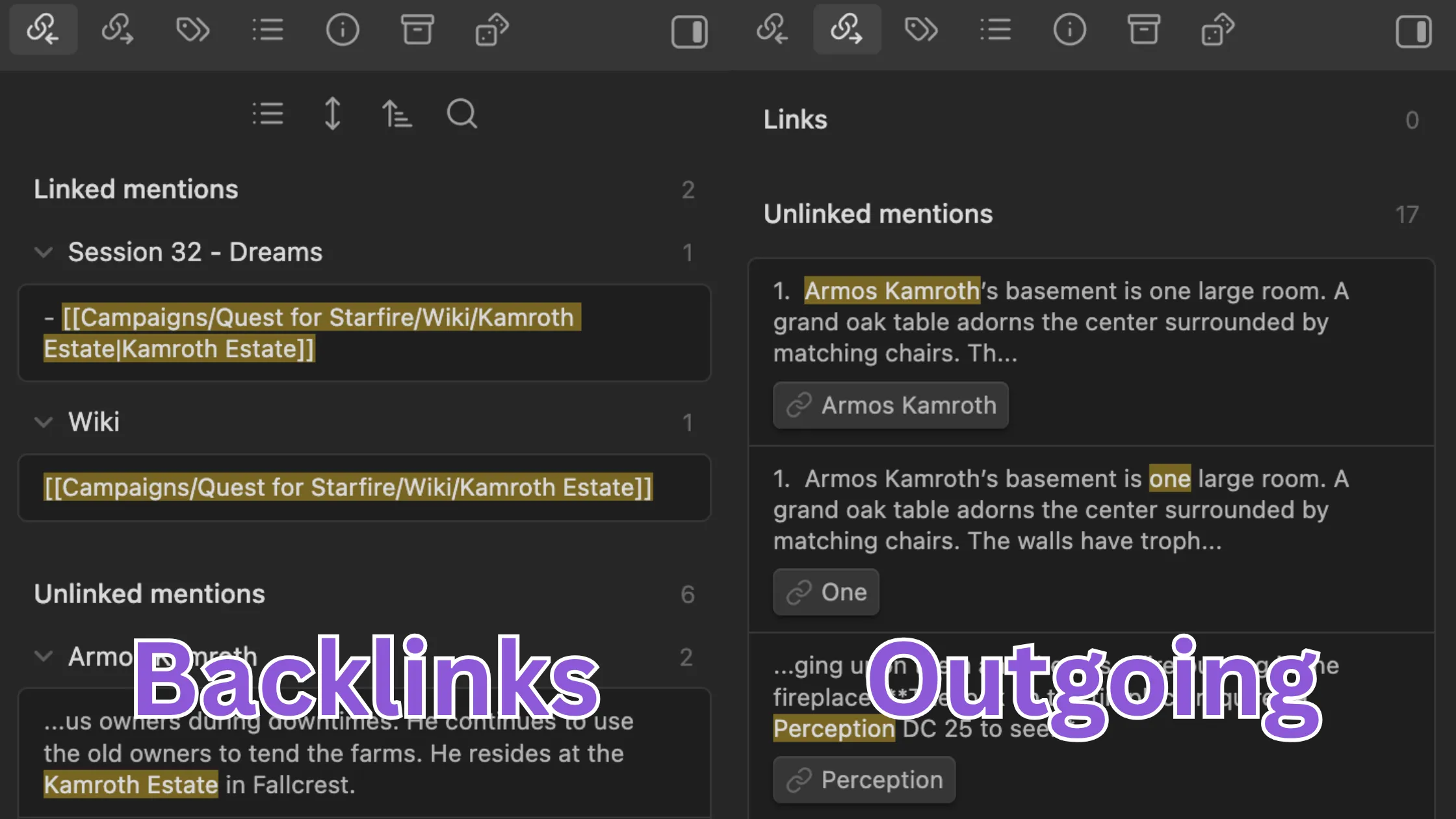 A before and after showing sidebars with linked and unlinked mentions for backlinks and outgoing links.