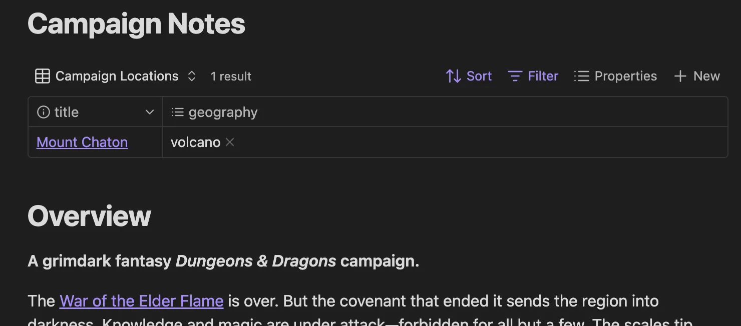 An Obsidian note for a campaign that shows an embedded base view with Campaign Locations and an overview of the campaign below.