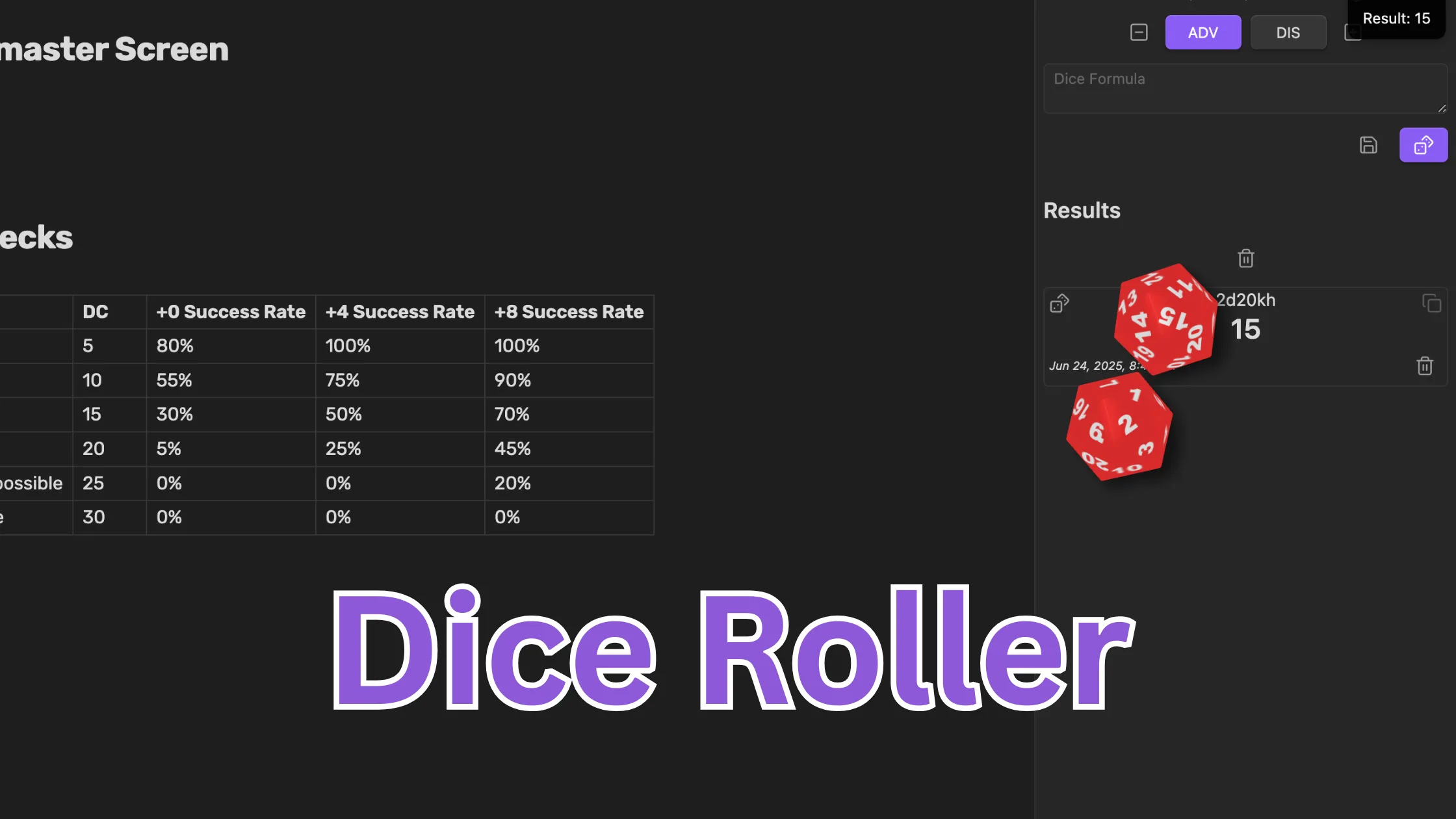 An open note with rendered dice as if they rolled atop Obsidian and a printed result in the right panel.