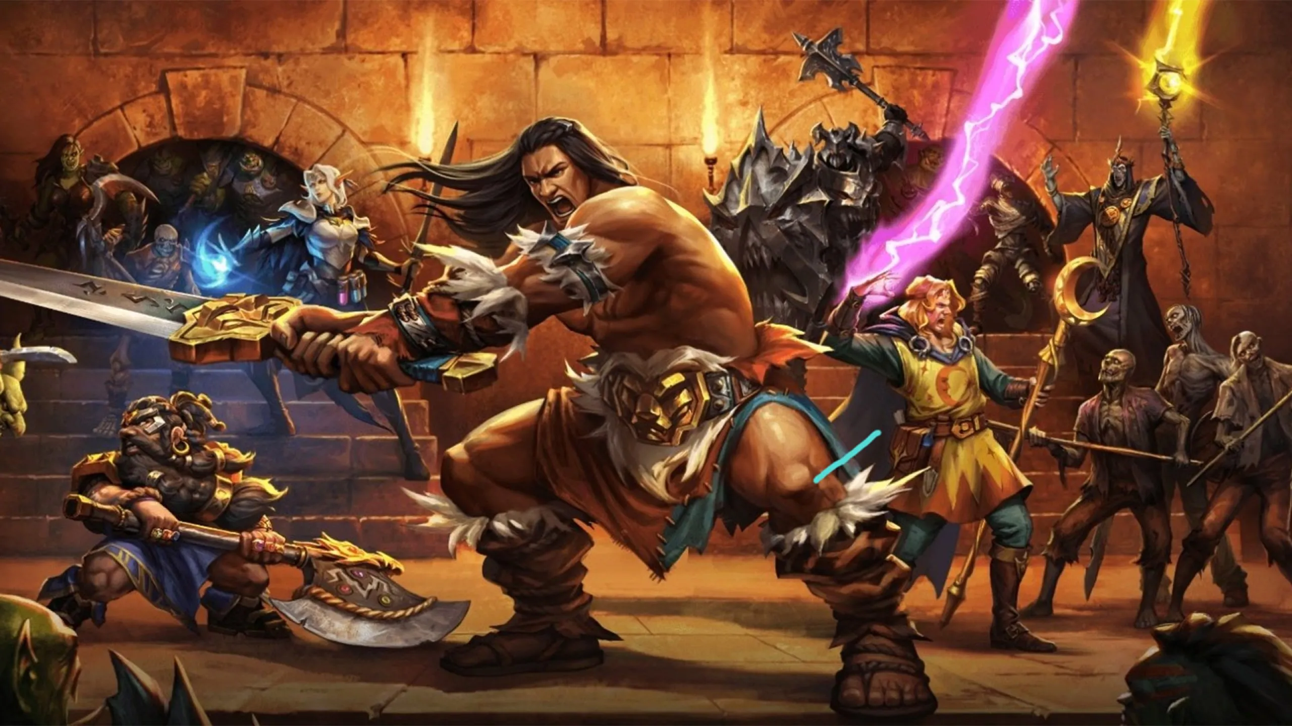 Cover of the HeroQuest board game depicting a barbarian swinging a sword in the foreground at you with a battle behind him featuring a dwarf with an axe, an elf with a spear, zombies and enemies, and a wizard locked in arcane battle with a skull-faced sorcerer.
