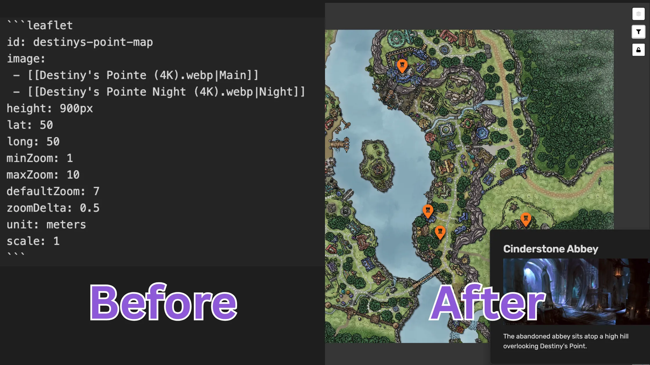 A before and after showing syntax that turns into a rendered map that can be keyed.