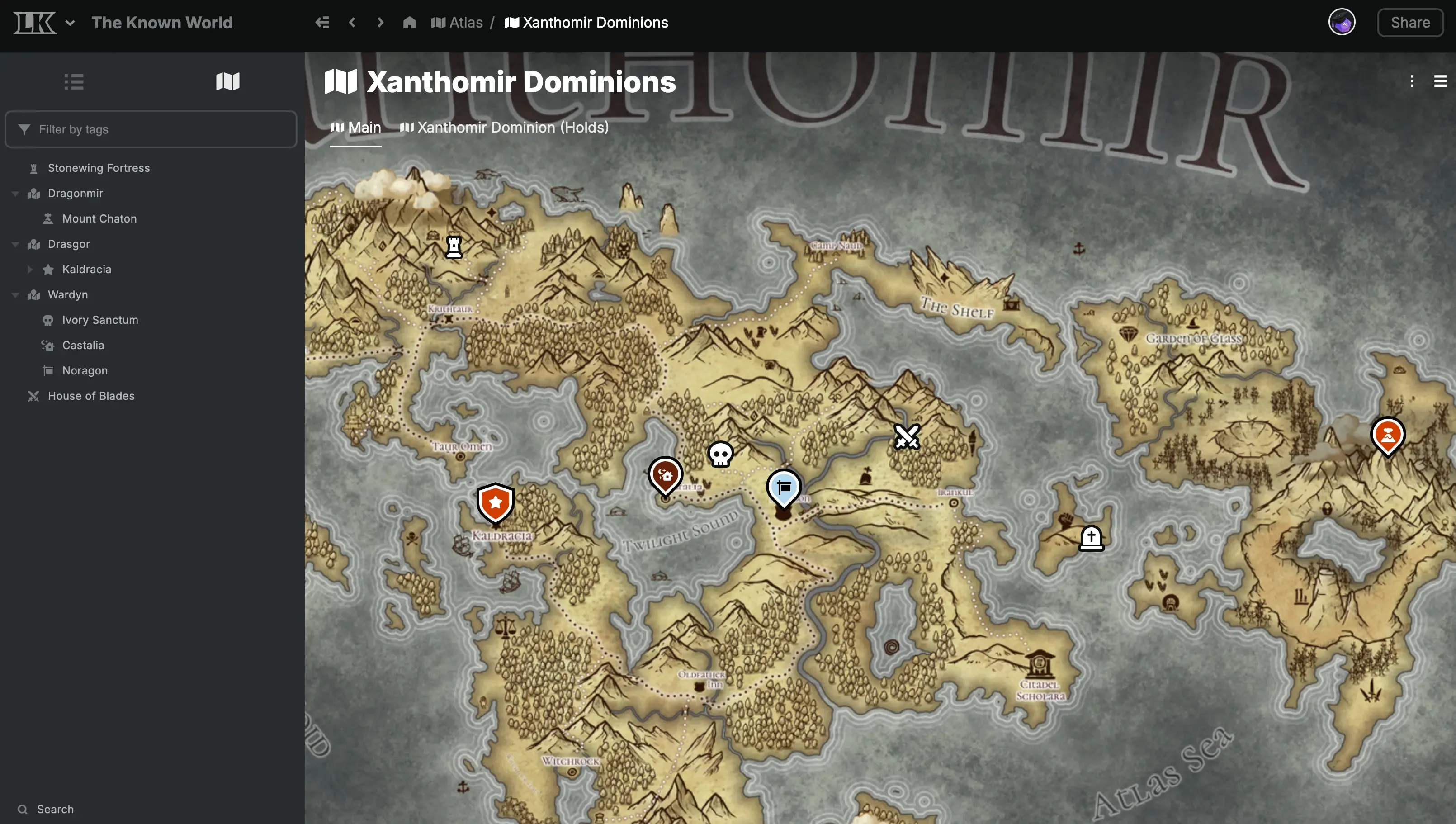 A look at the Legendkeeper UI showing a map with pins.