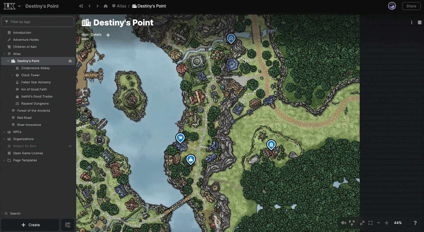 Taking actions on a map image: smooth zooming, clicking on a pin to open a sidebar of information about it, and right-clicking to add a brand-new pin.