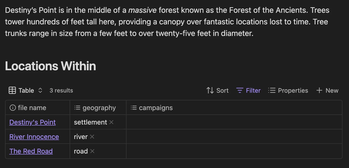 An Obsidian note about a place called Forest of the Ancients. It has a "Locations Within" header and a small base showing 3 locations.