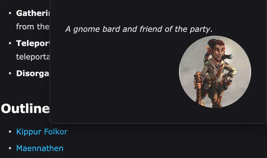 NPCs section with a link and hover preview to a page for Kippur Folkor.