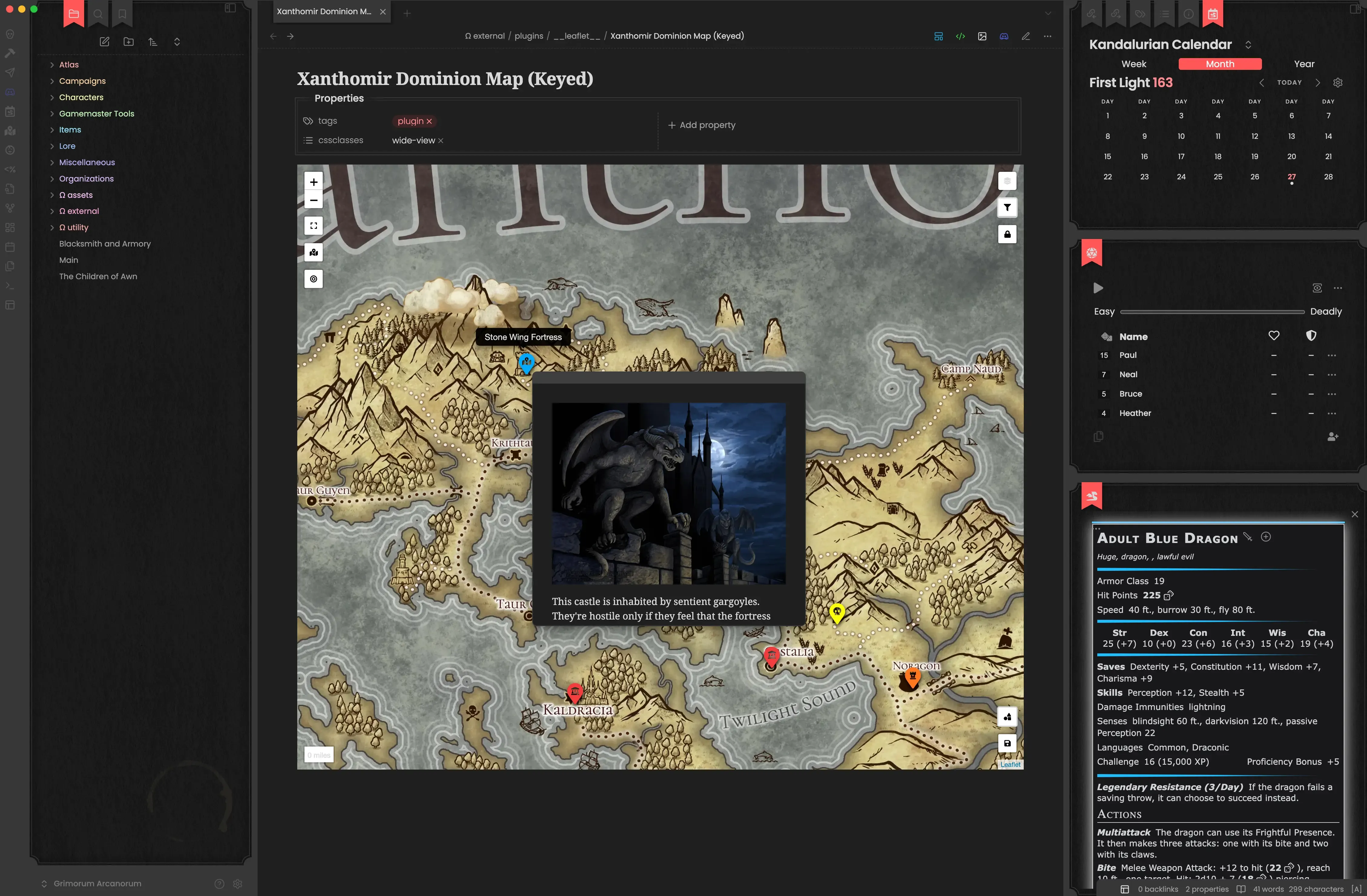 An Obsidian window showing a map with a hover preview of an article that has an image of a gargoyle. On the sidebar, an initiative tracker, calendar, and monster compendium.