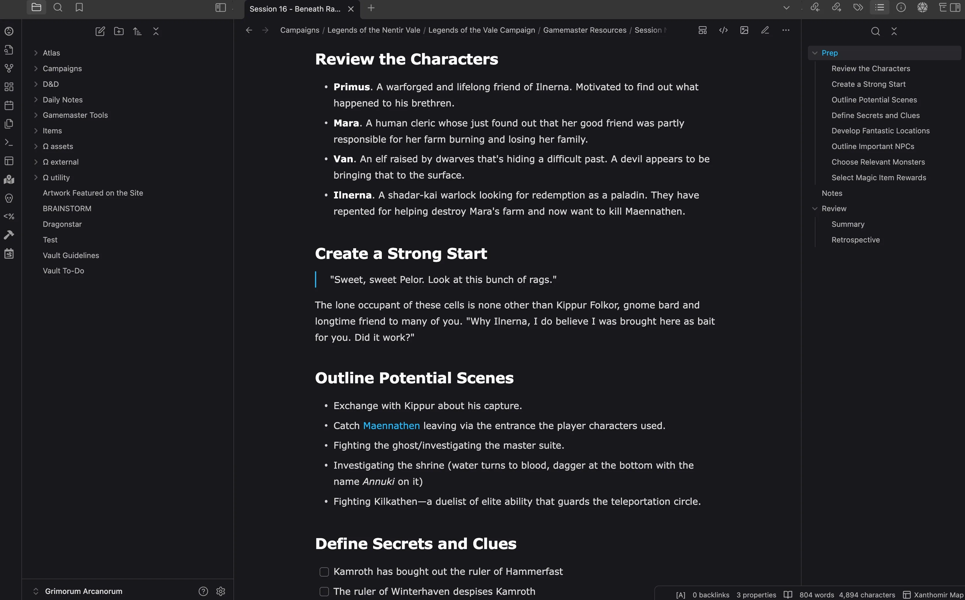 A screenshot of my Obsidian vault with a session note open showing various steps from Return of the Lazy Dungeon Master.