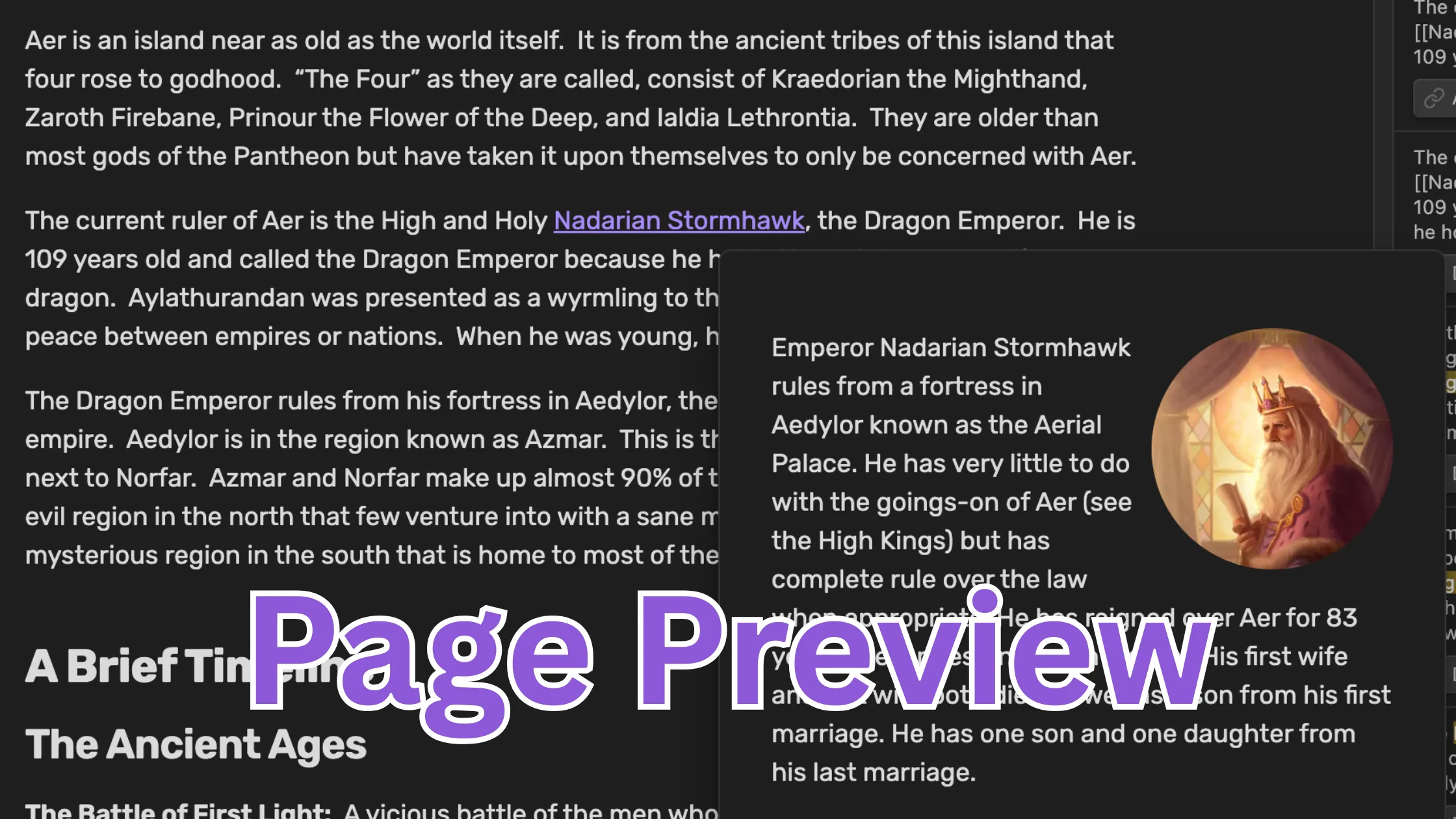 A note open in Obsidian with a preview popup of another note near a link.