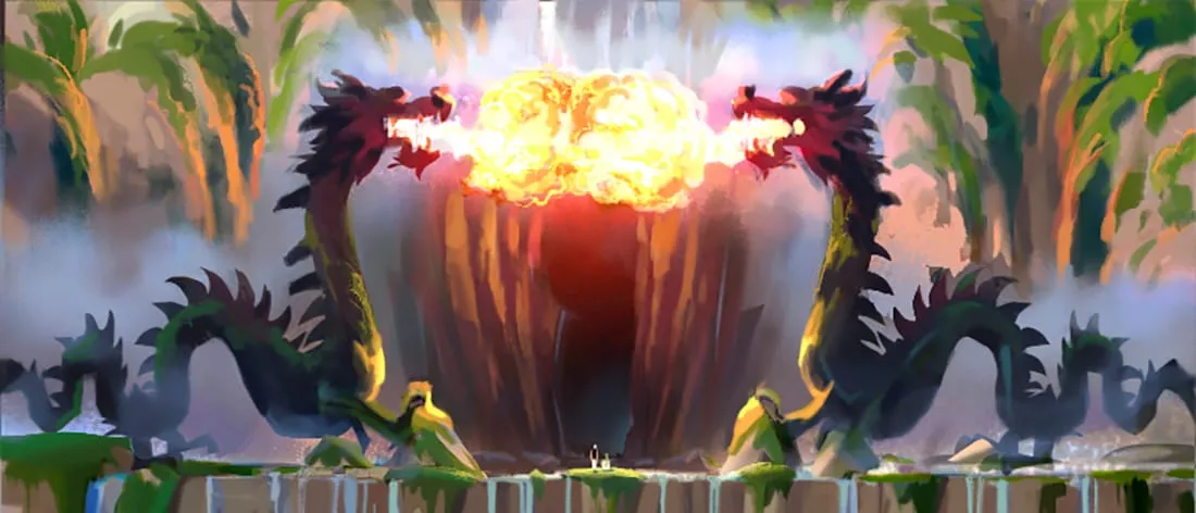 Two dragon statues breathing fire on a waterfall, evaporating it and revealing a tunnel behind.