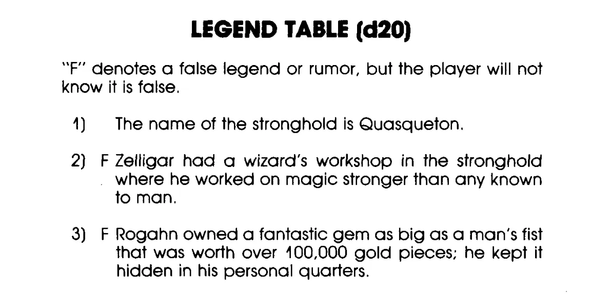 Legend Table (d20) followed by a description of "F" denoting a false legend or rumor and three example rumors.