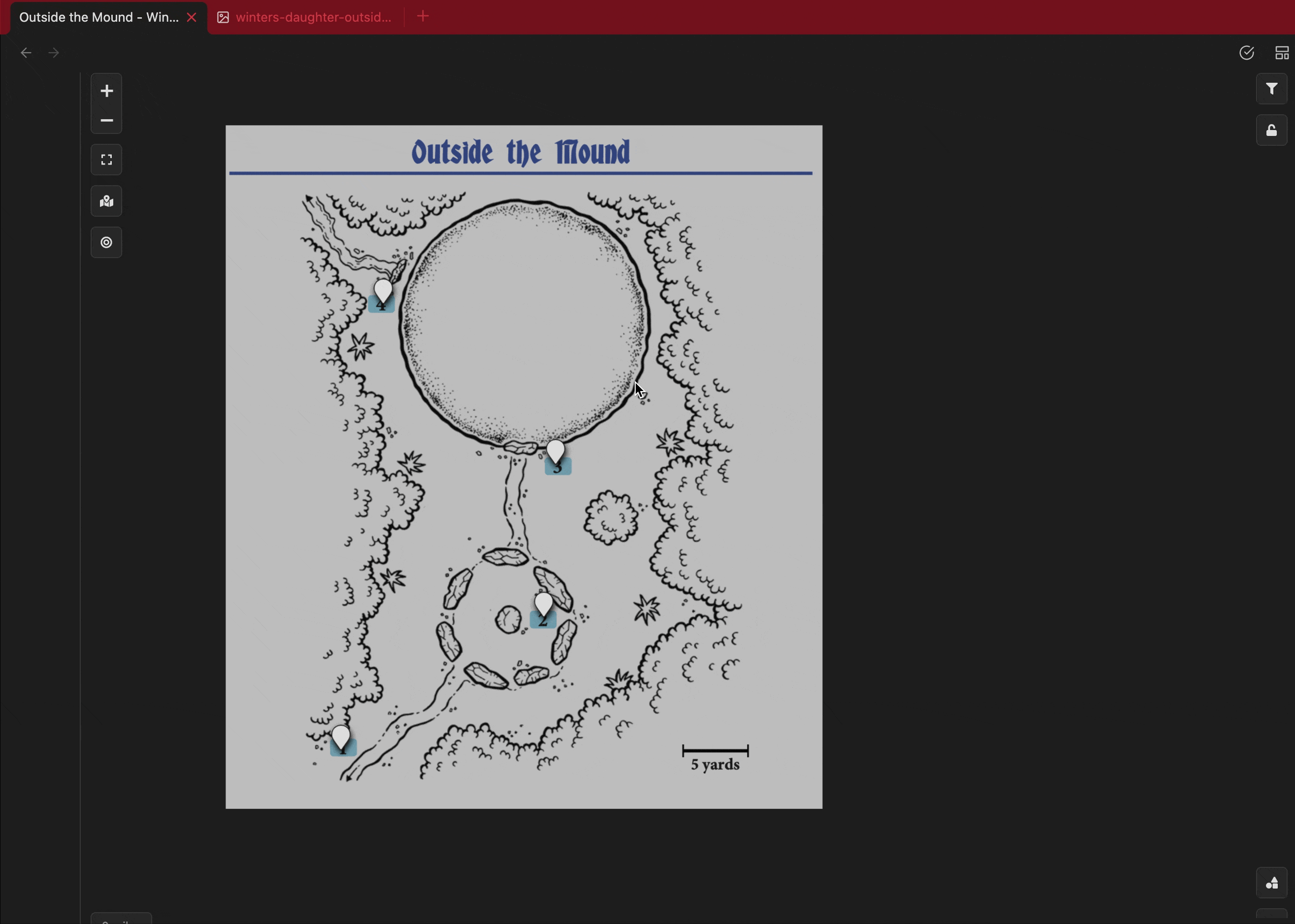 A map with keyed locations. On hover, they show previews of specific PDF pages in my vault.